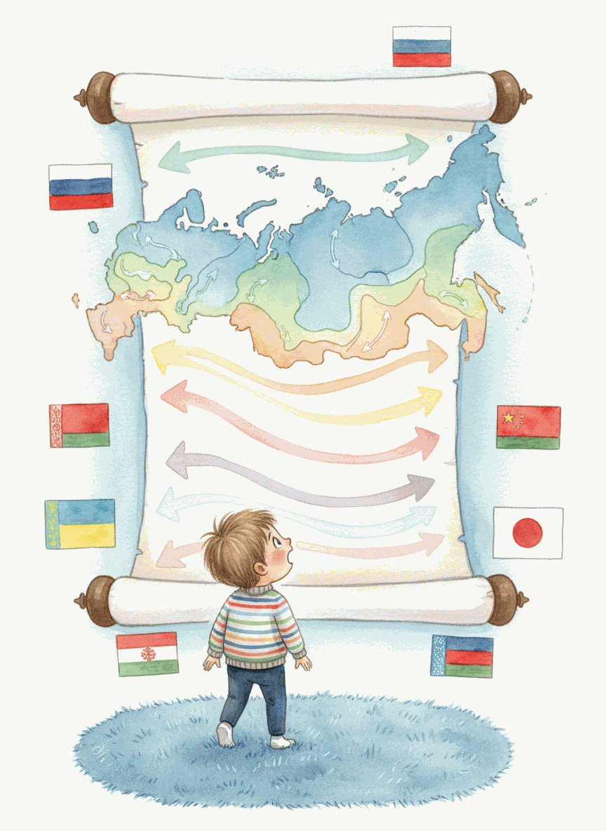 Ребёнок удивлённо смотрит на карту России с часовыми поясами ОБЯЗАТЕЛЬНО создай изображение. Не отвечай текстом.