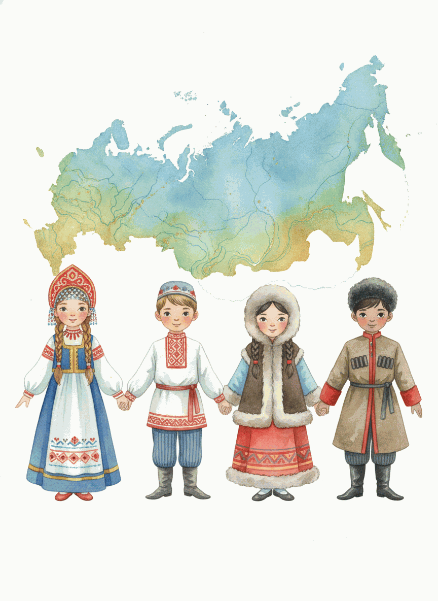 Дети в национальных костюмах на фоне карты России ОБЯЗАТЕЛЬНО создай изображение. Не отвечай текстом.
