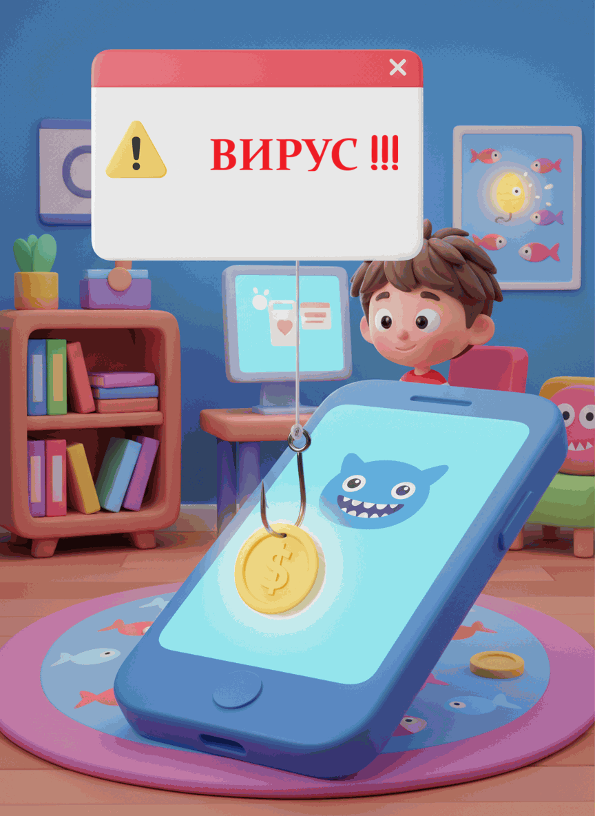 Компьютер с антивирусным щитом и удочка с конвертом