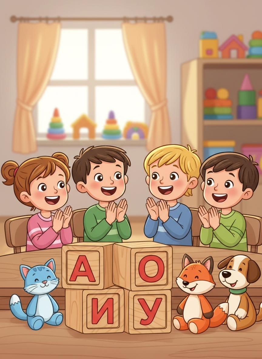 Дети с кубиками букв и игрушками животных