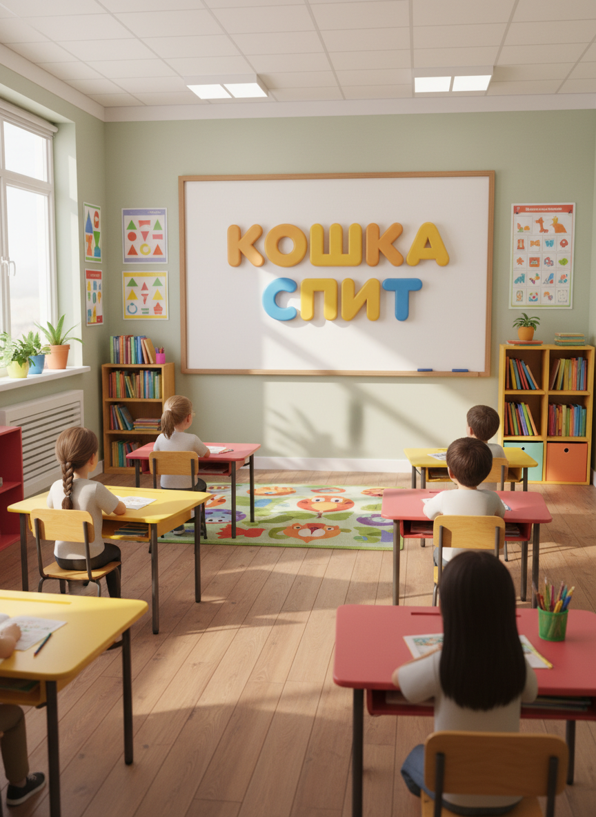 Дети собирают предложение из слов на доске