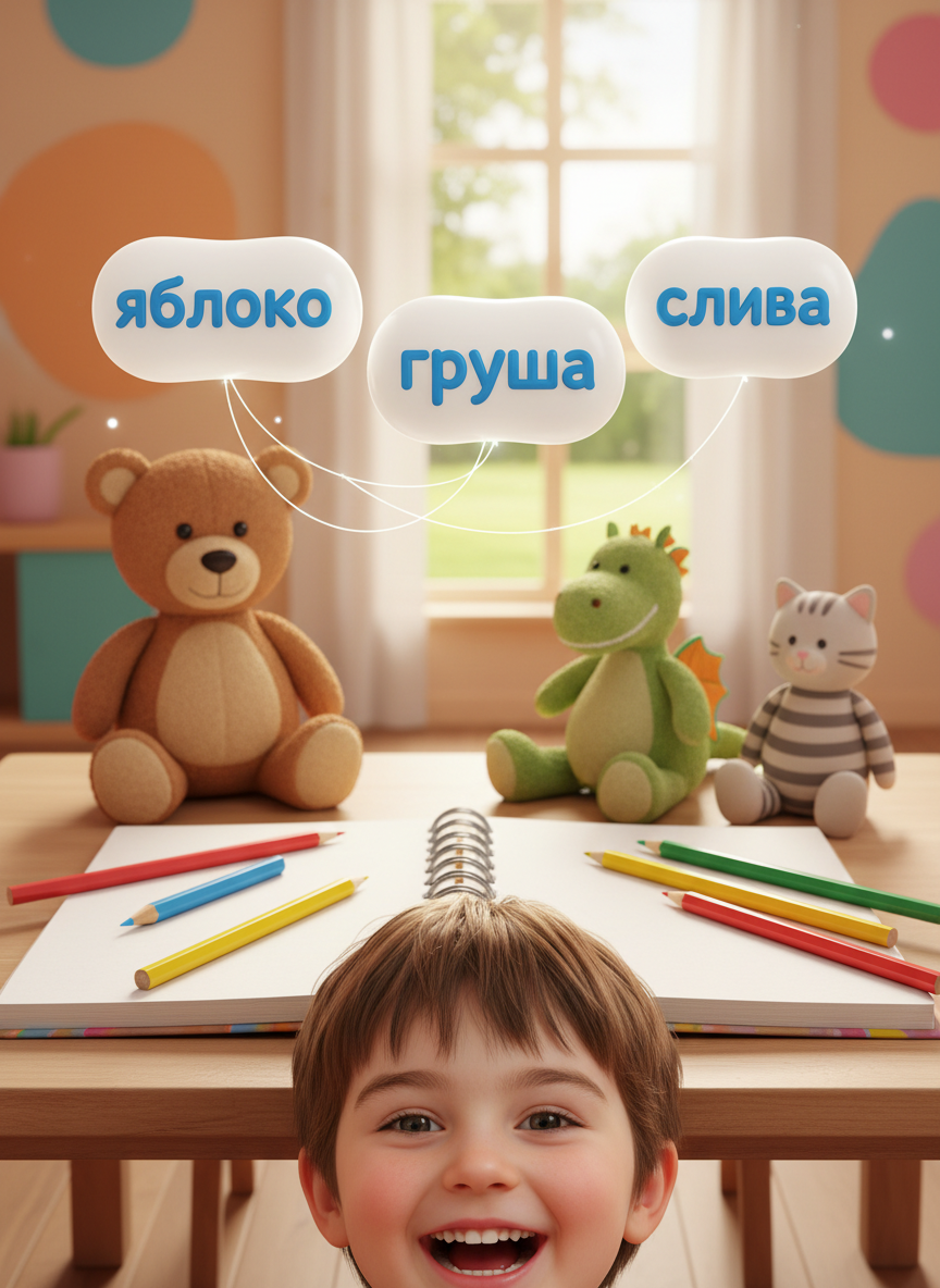 Ребёнок удивляется, глядя на соединённые слова