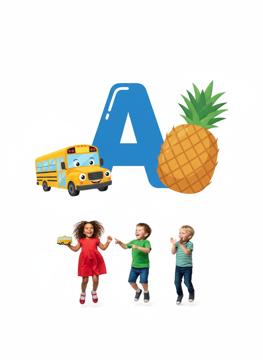 Буква А с автобусом и ананасом