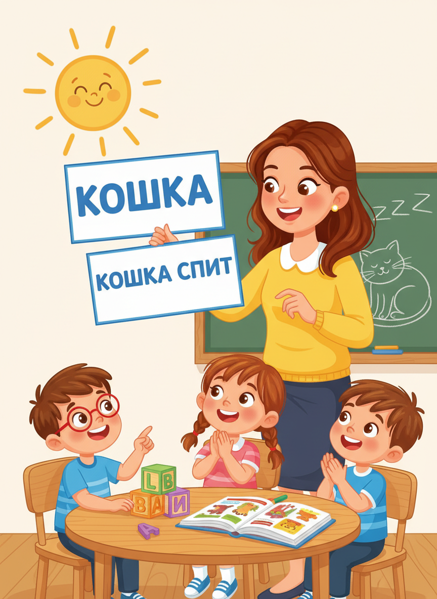 Дети на уроке с карточками