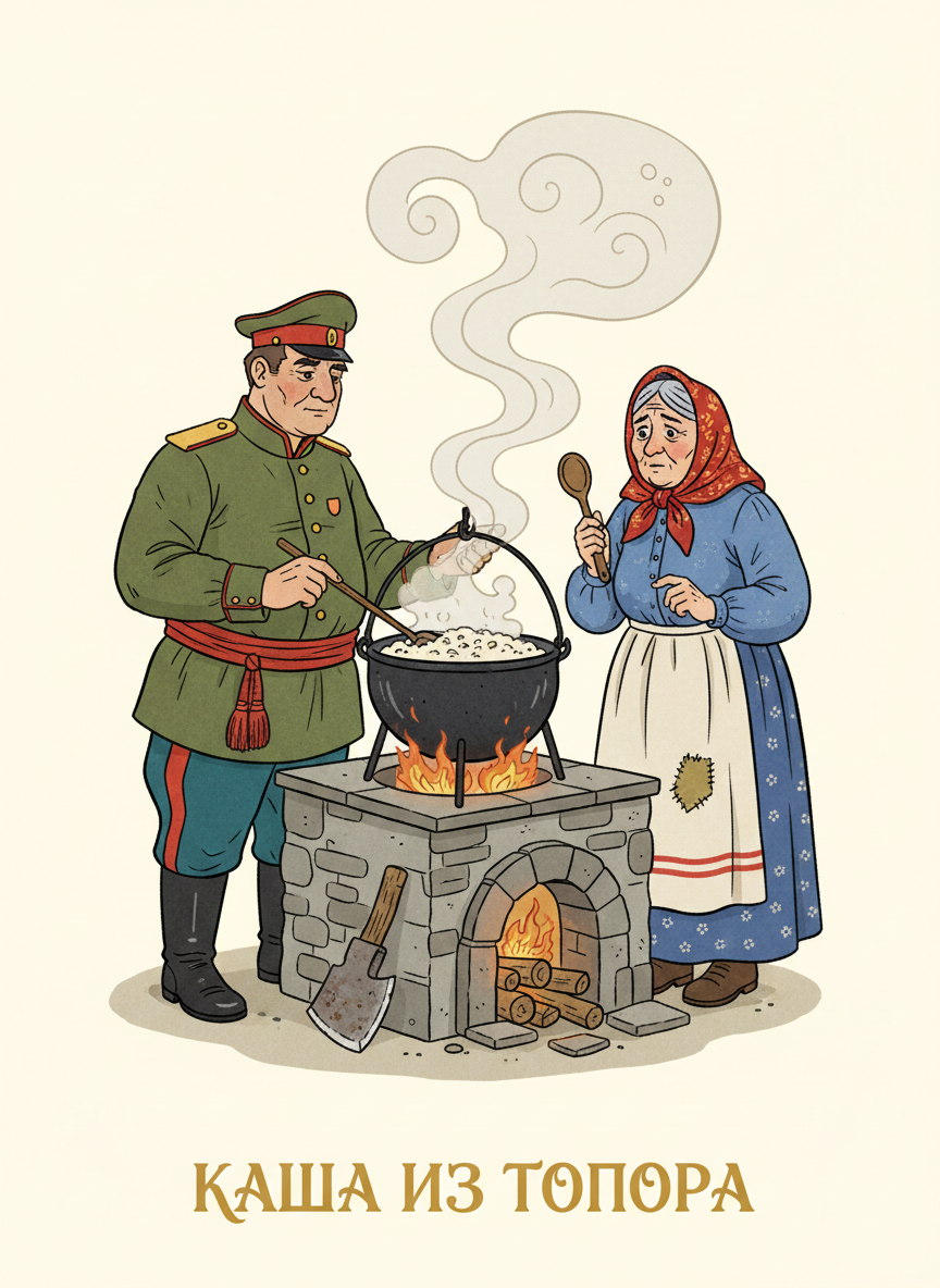 Солдат и старуха у печи с топором и кашей