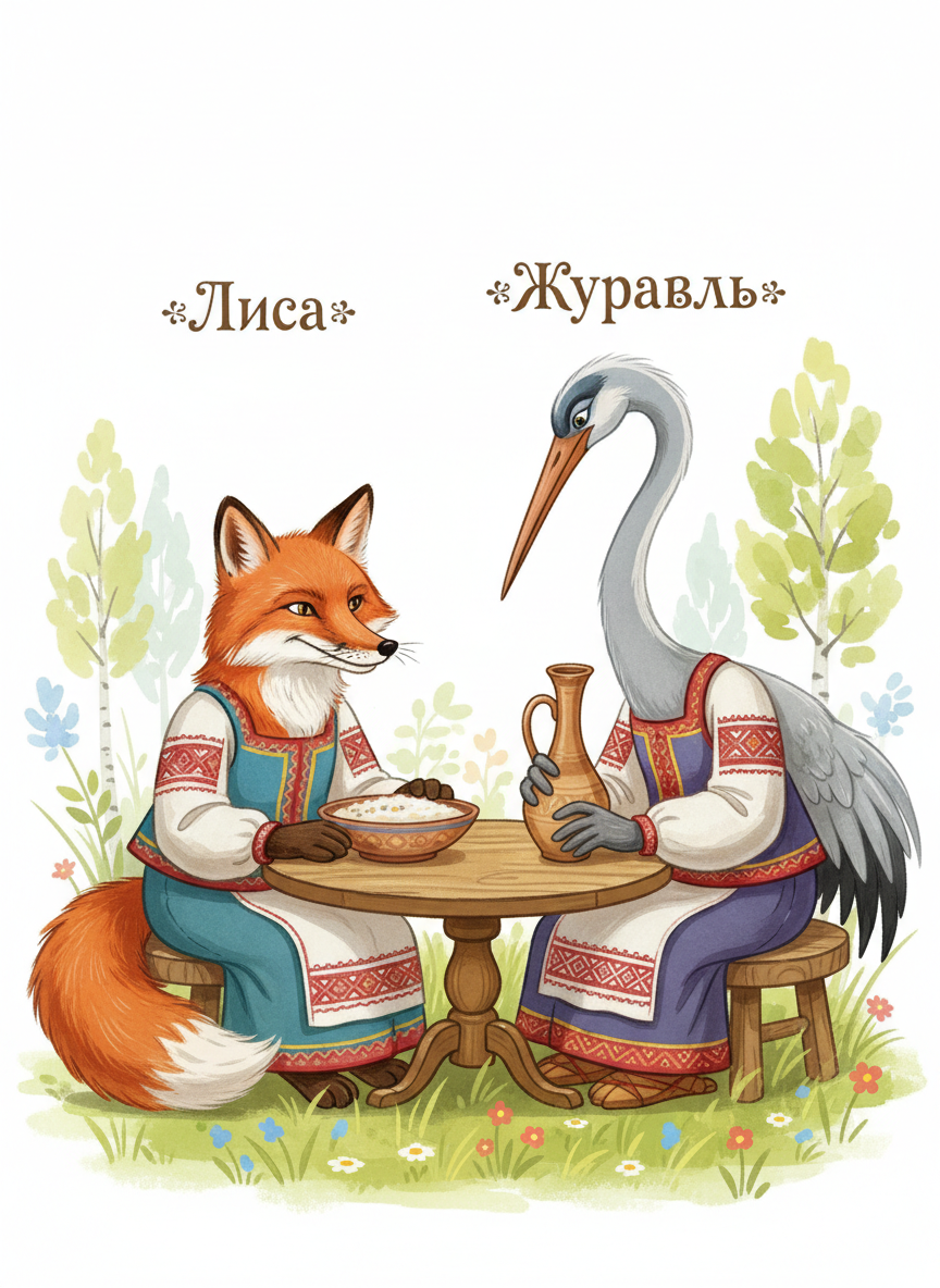 Лиса и журавль за столом
