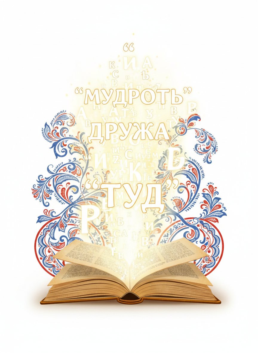 Открытая книга с пословицами и народными орнаментами