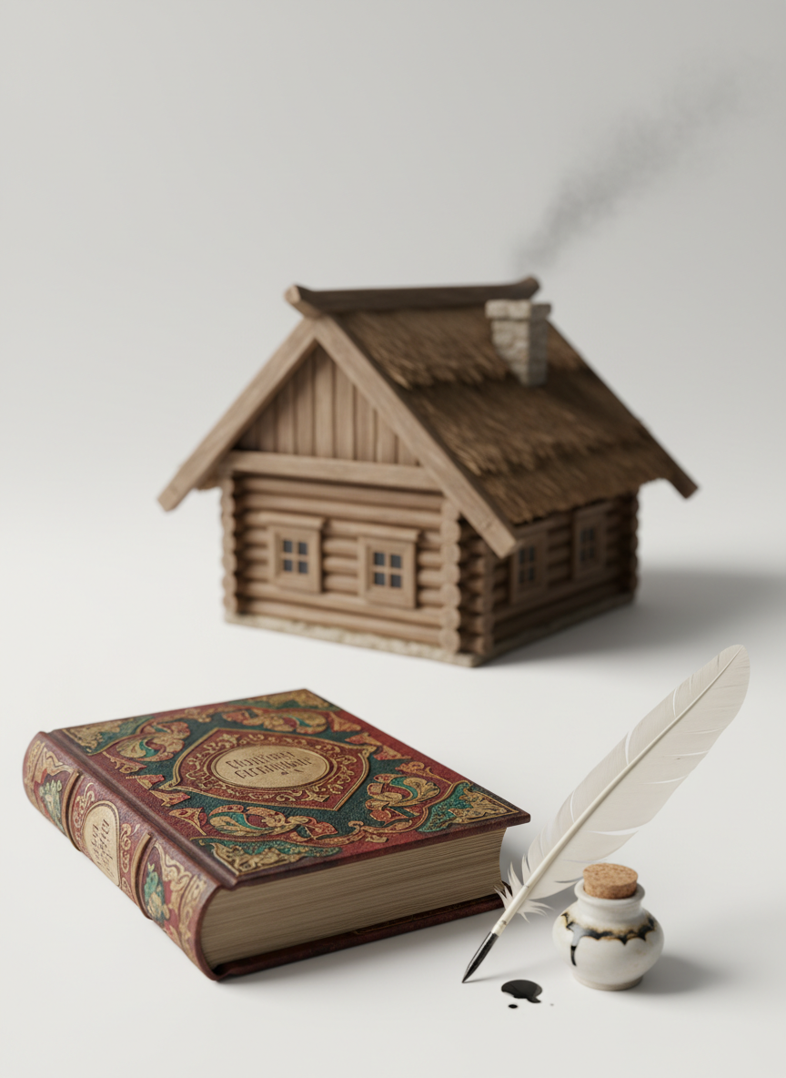 Старинная книга сказок с пером и чернильницей